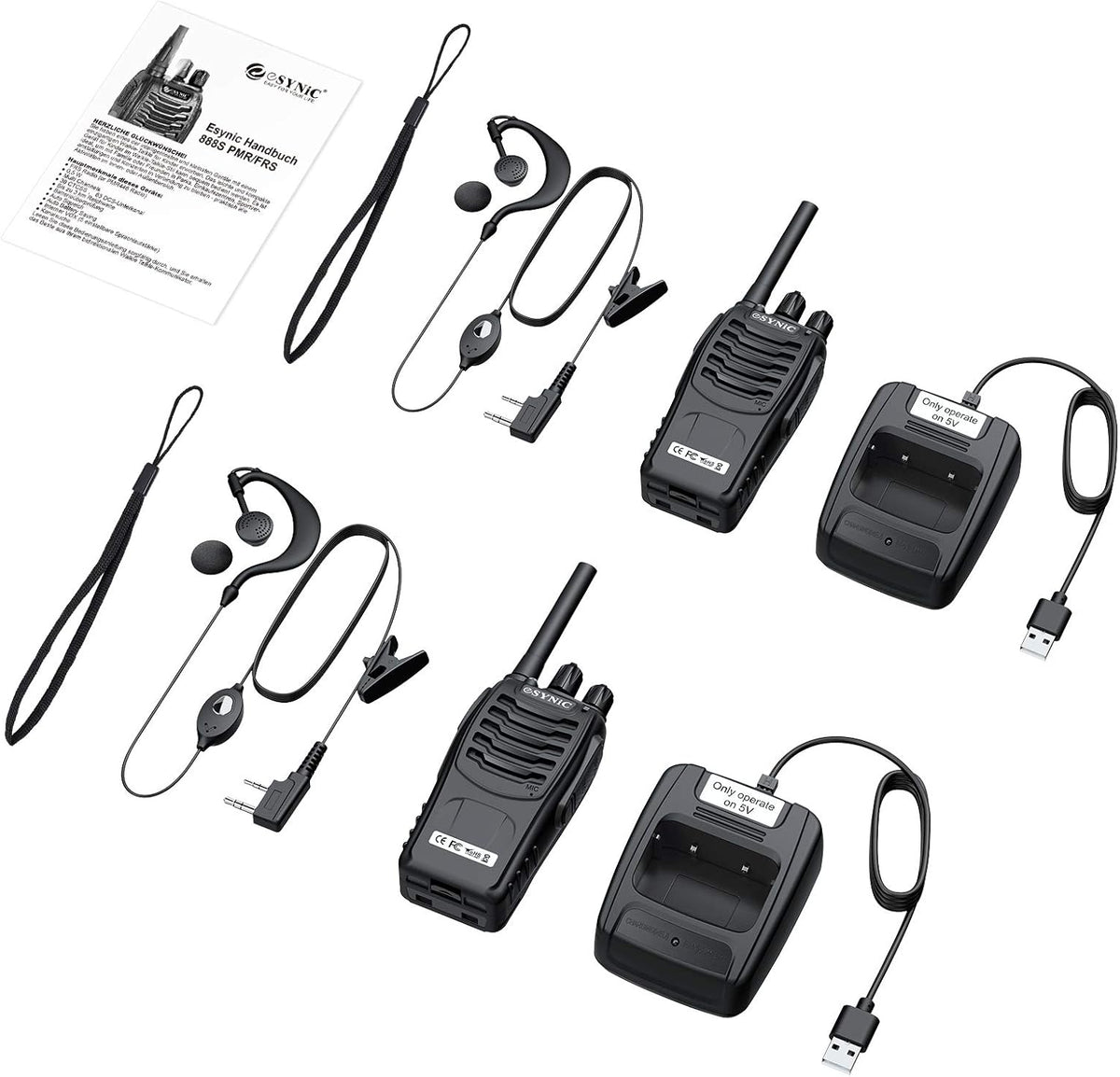 Rechargeable Walkie Talkies with Earpieces 2pcs Two-Way Radios 16 Channel USB Cable Charging Handheld Transceiver with Flashlight Pack of 2 N997
