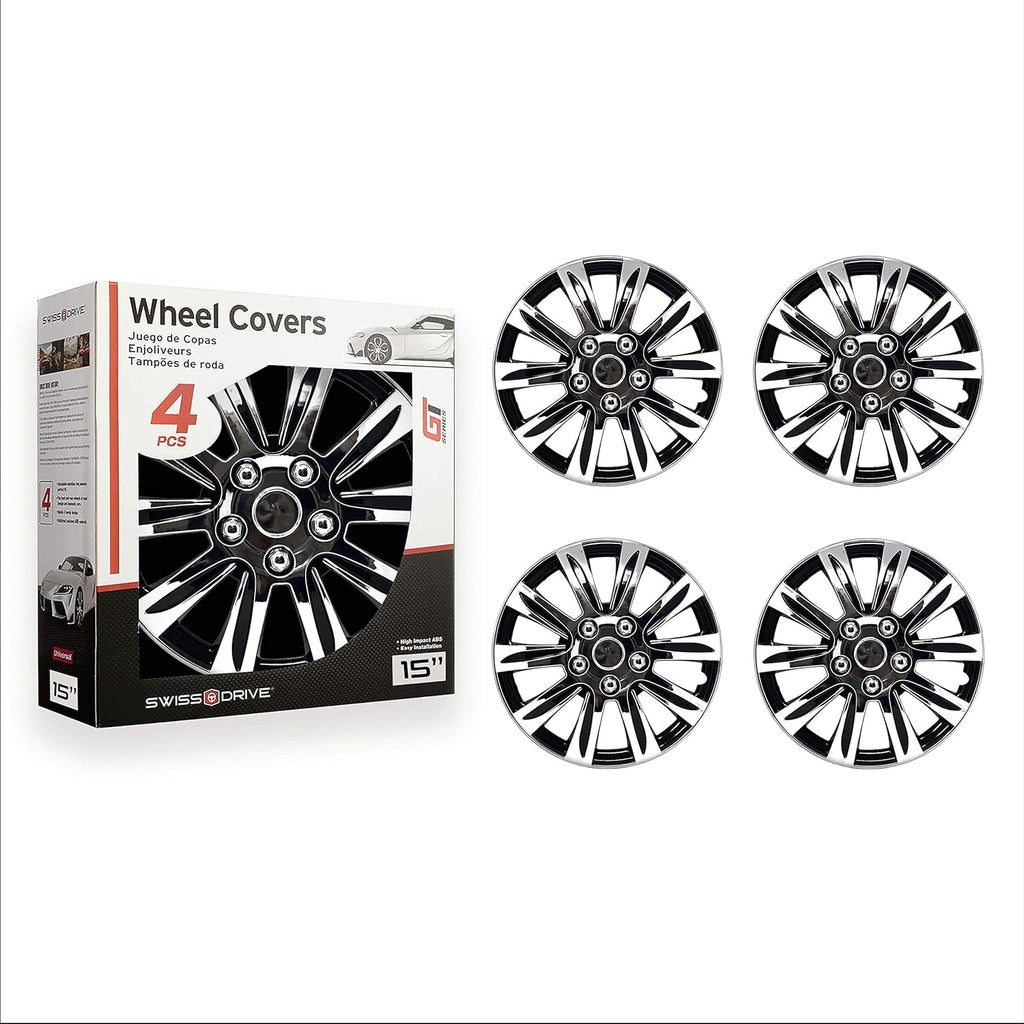Chrome and Black 15-Inch Set of 4 Car Wheel Hubcaps C37447