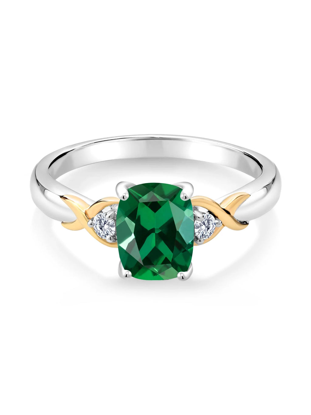 2 Tone 10K Yellow Gold and 925 Sterling Silver Green Created Emerald and White Lab Grown Diamond Engagement Ring B458