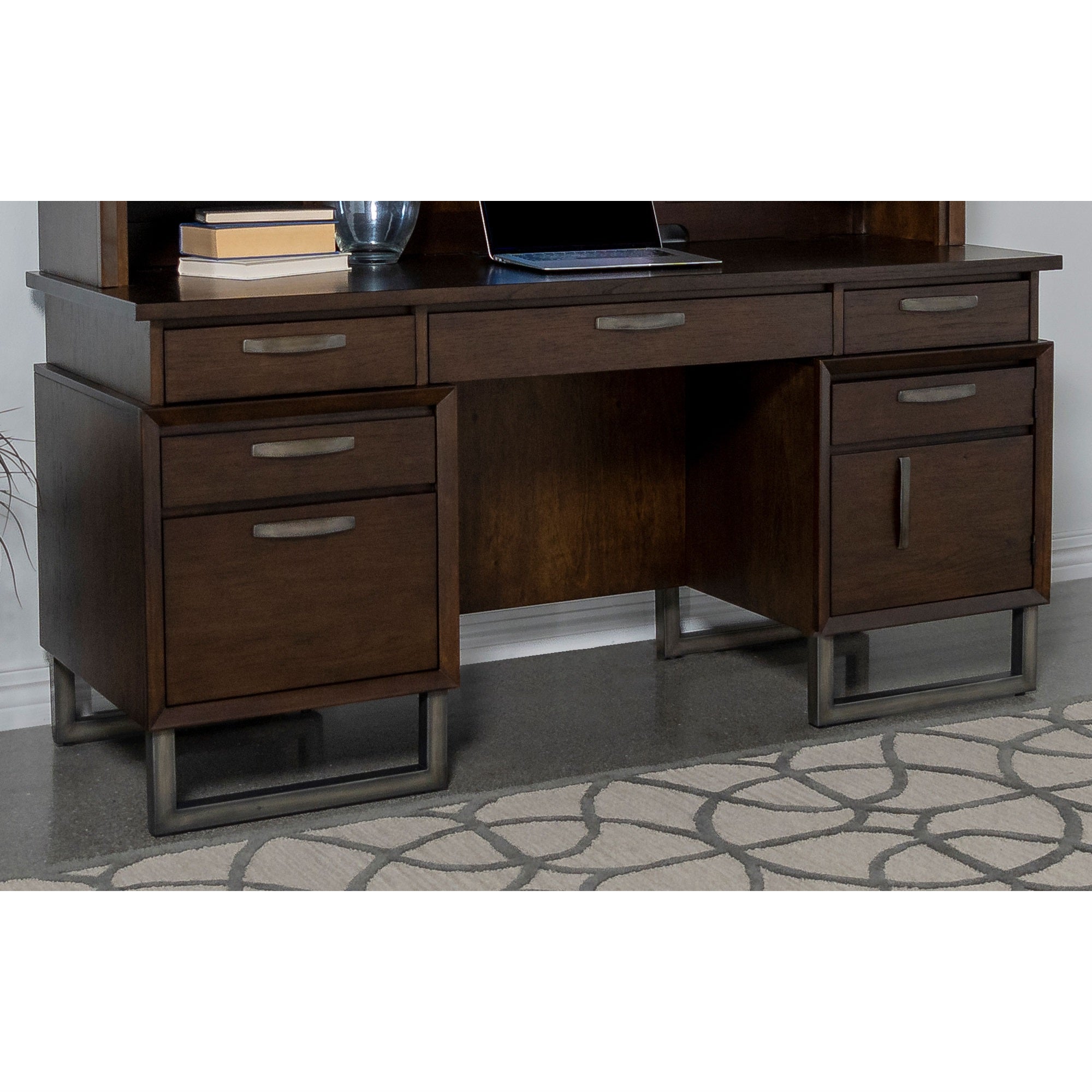 5-drawer Wood Credenza Desk Dark Walnut and Gunmetal S23542