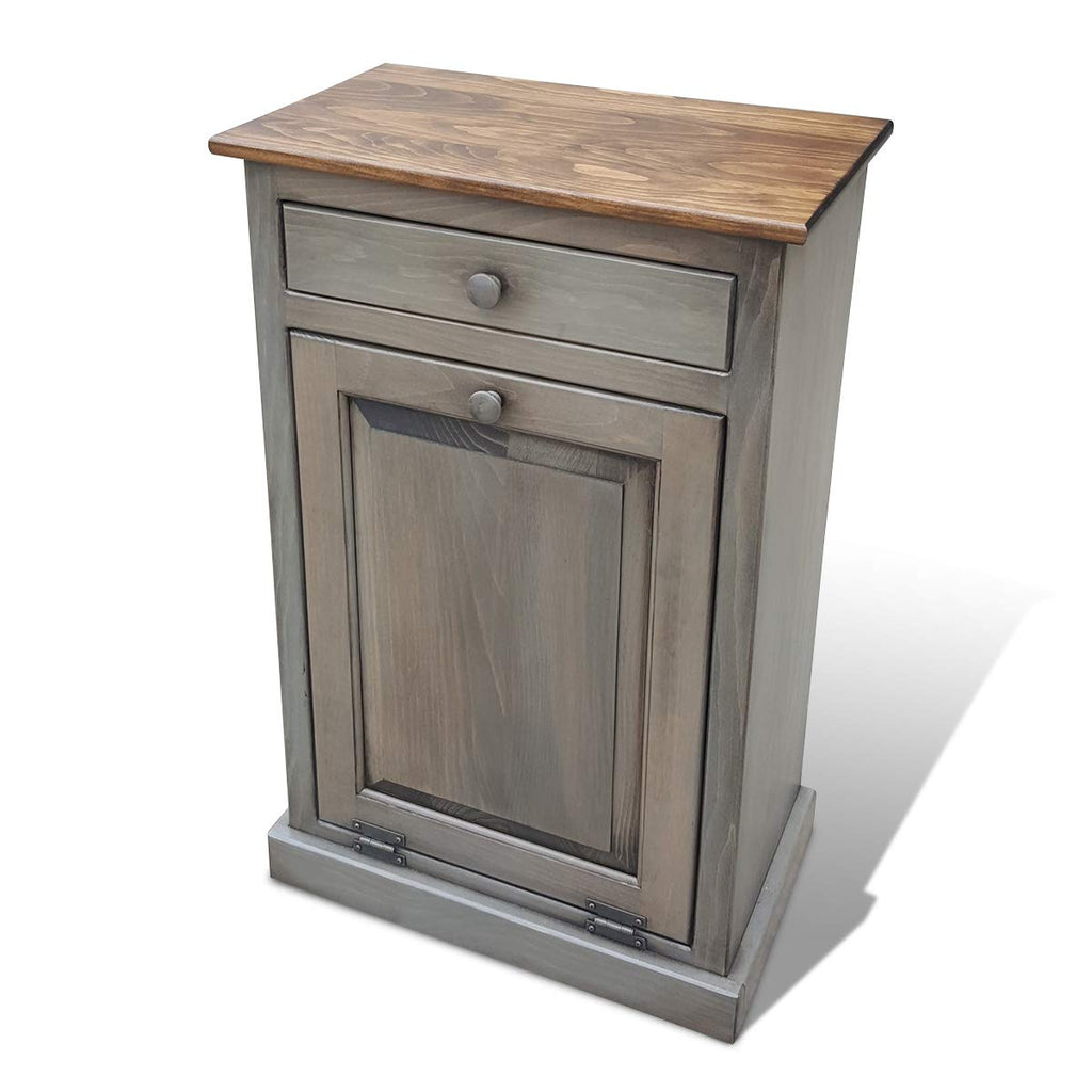 Pewter Solid Wood Trash Bin Cabinet with Drawer V39836