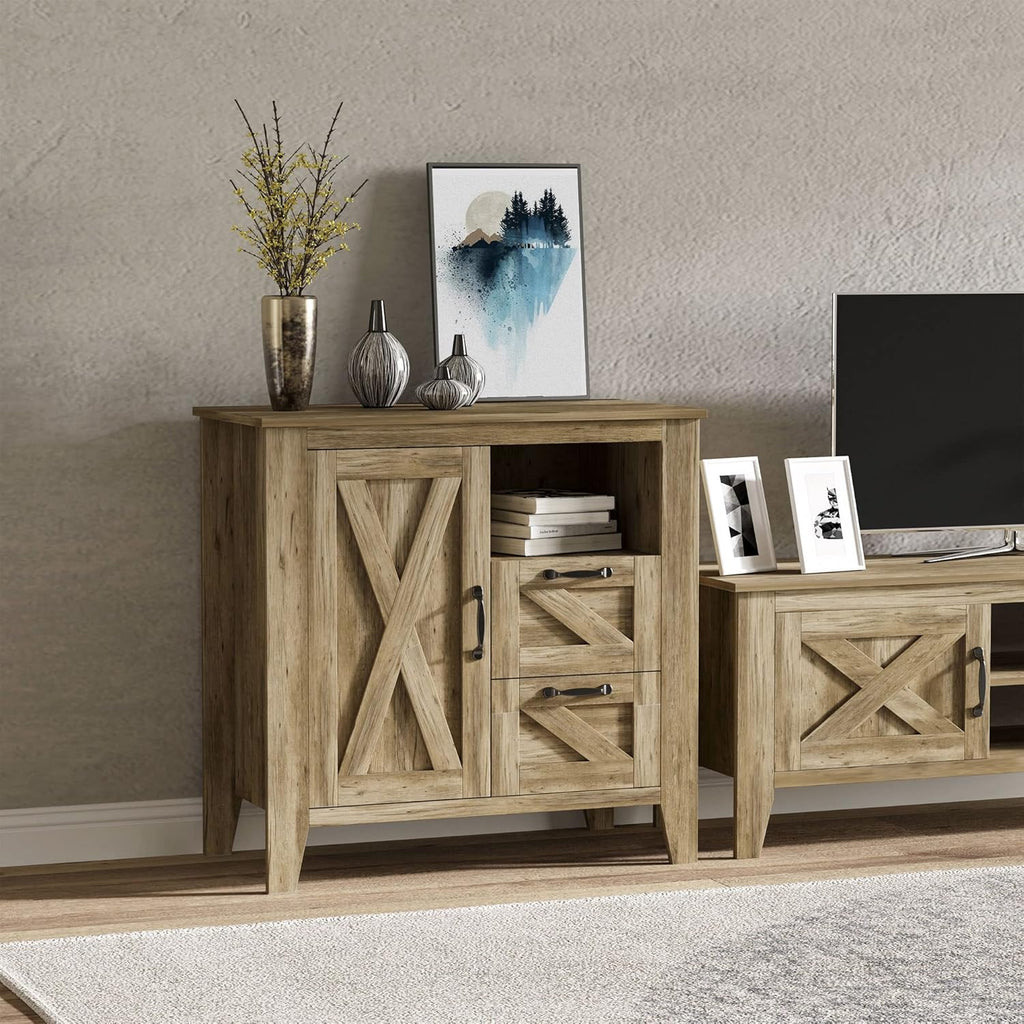 Farmhouse Sideboard Serving Buffet with Cabinet, Open Shelf, 2 Drawers, Oak Finish G67763