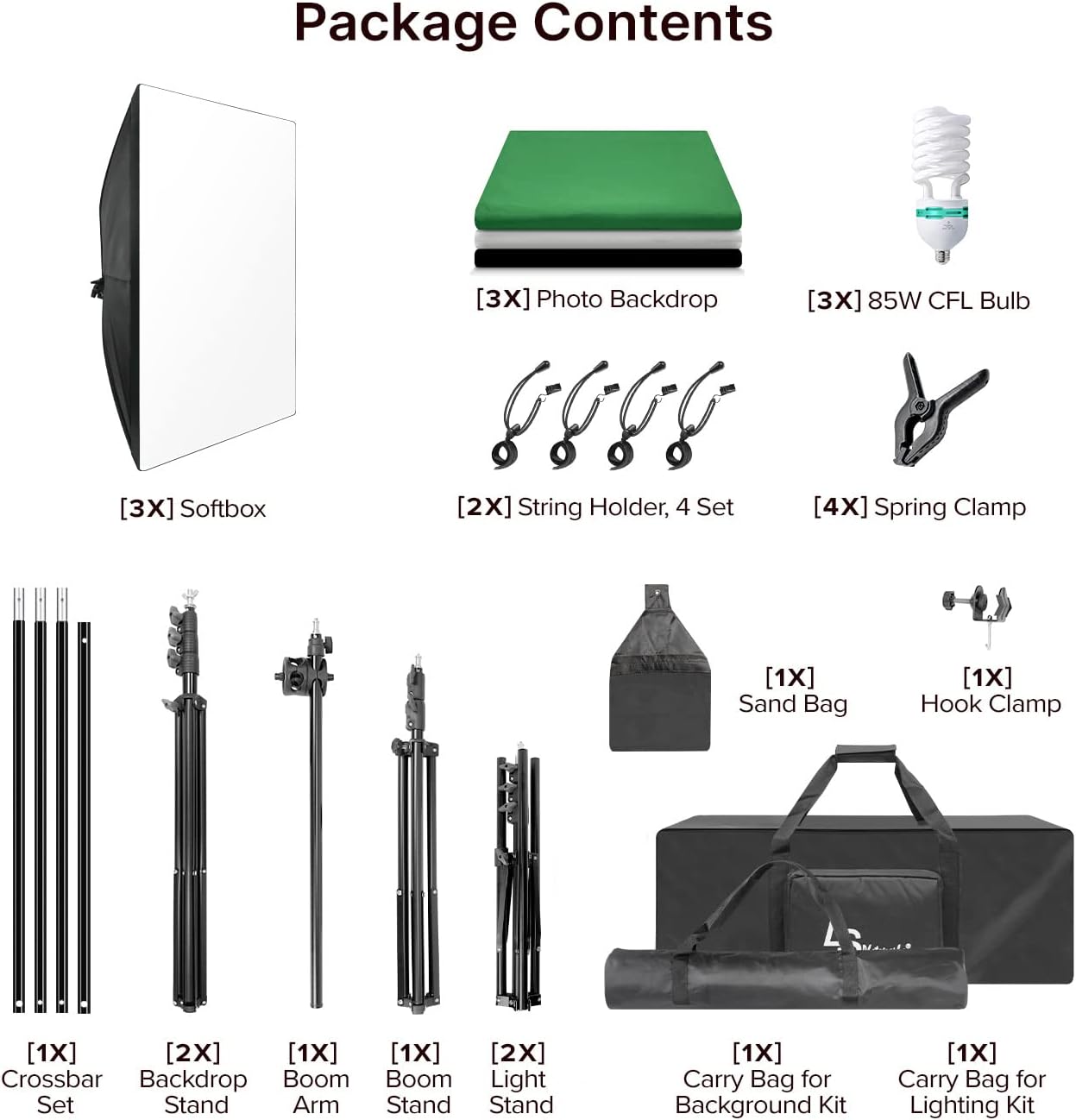 10 ft. Backdrop Support Stand Softbox Lighting Kit with White Black Green Background Screen S37483