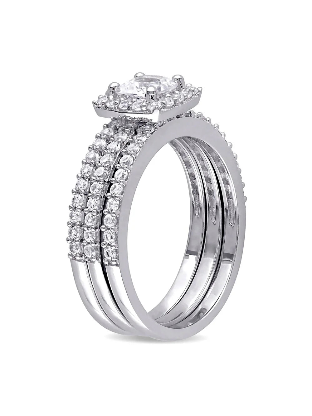 1.50 Carat (Ctw) Lab-Created White Sapphire Halo Engagement Ring and Band Set In Sterling Silver H639