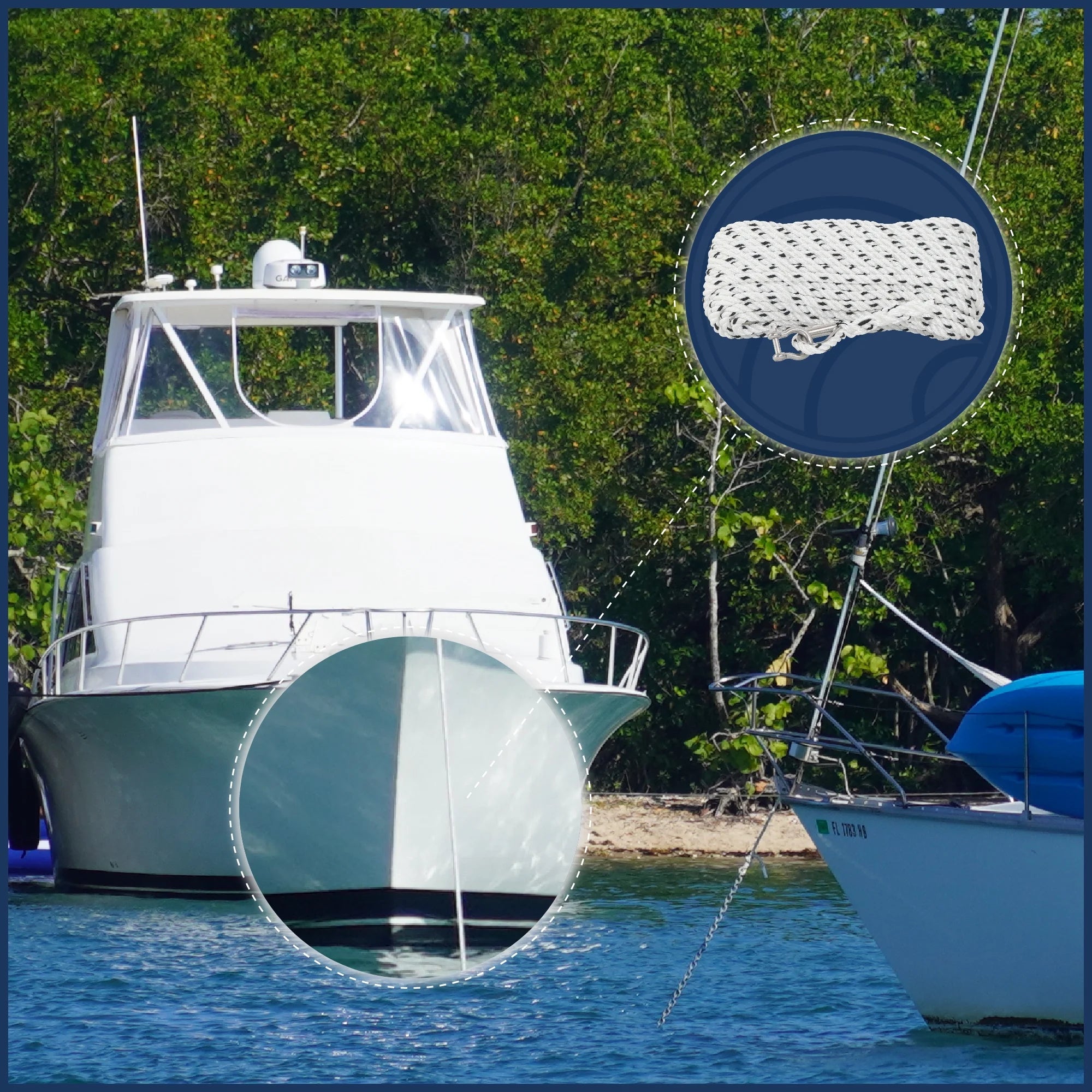 5/16 inch x 100 ft 3-Strand White Nylon Anchor Rope Line with Stainless Steel Thimble and Schakle B699