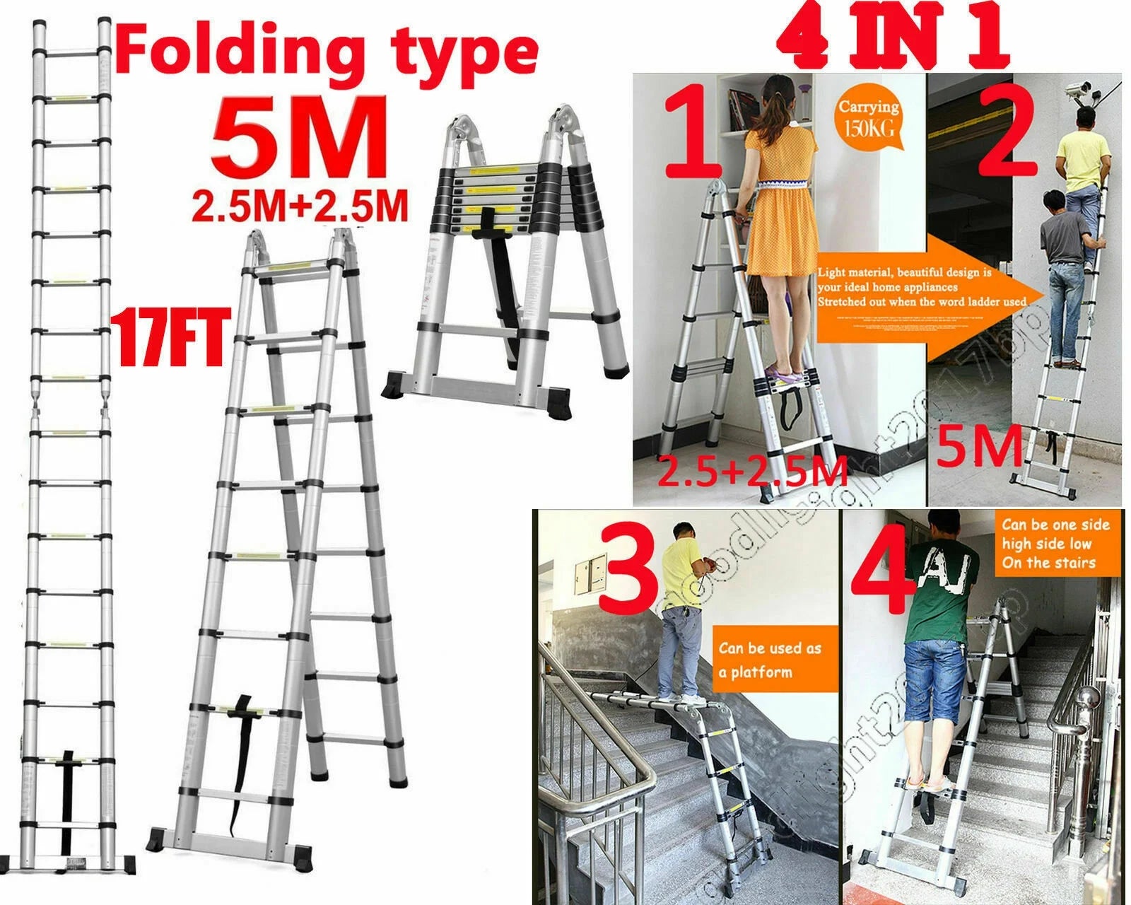 Telescopic Loft Ladder 16.5Ft Extendable Collapsible Step Ladders R8127