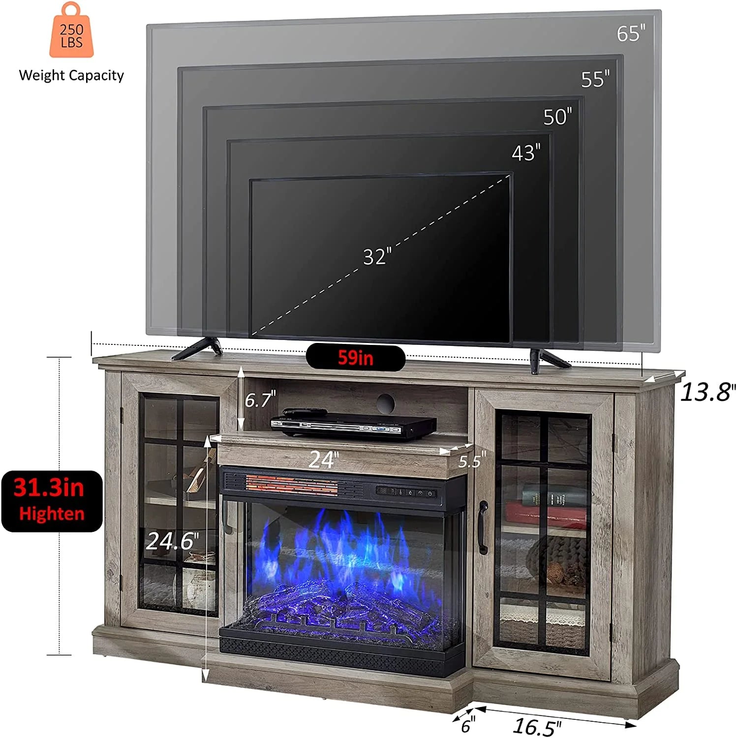 Fireplace TV Stand with Electric Fireplace, Wash Gray F464