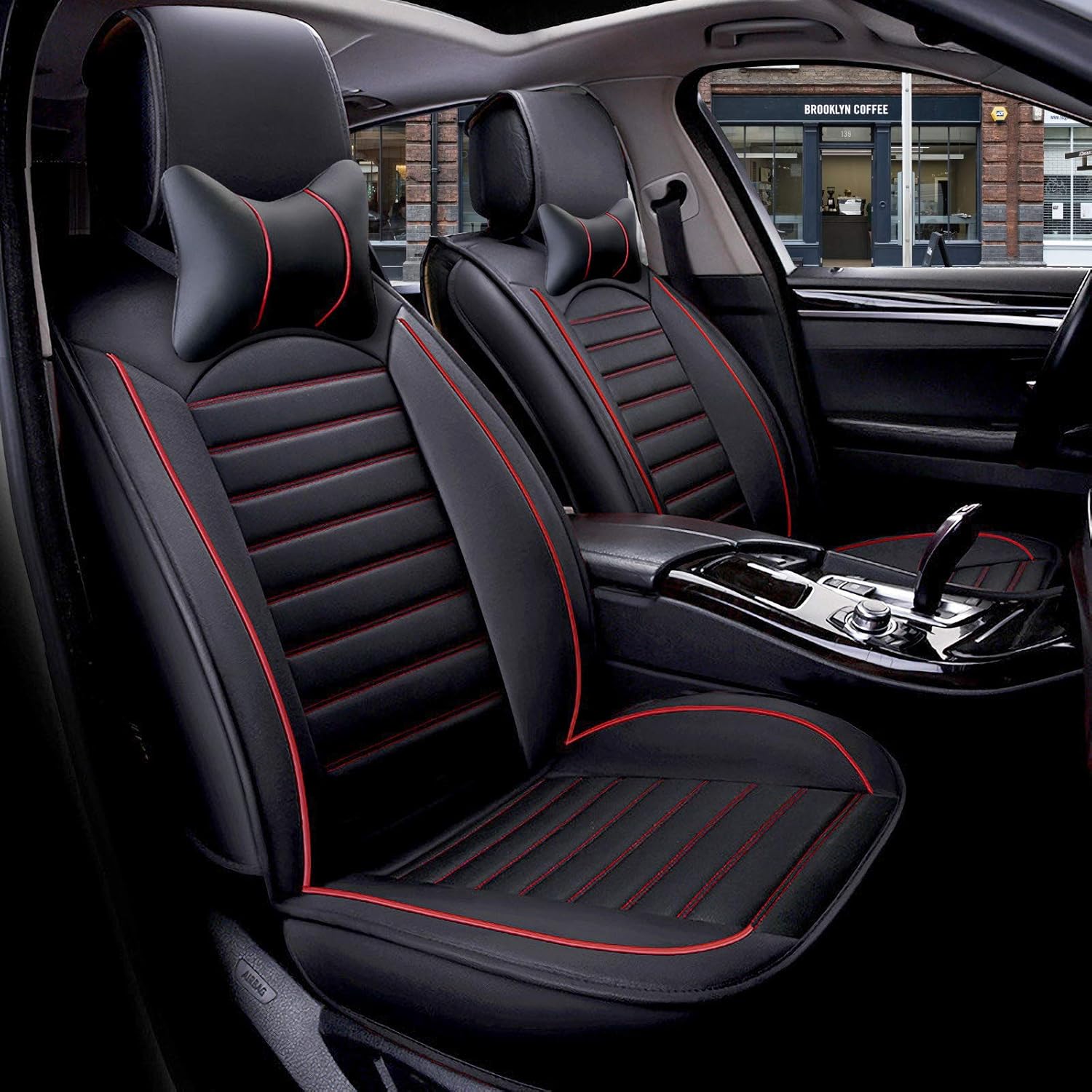 Khaki Black Leather Car Seat Cover Full Set Universal for 5 Seats X697299