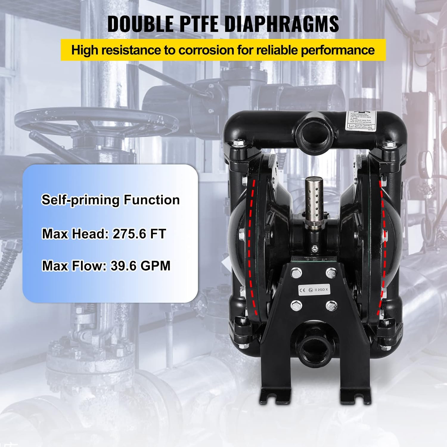 Air-Operated Double Diaphragm Pump 1 inch Aluminum 35 GPM Max 120PSI X2067