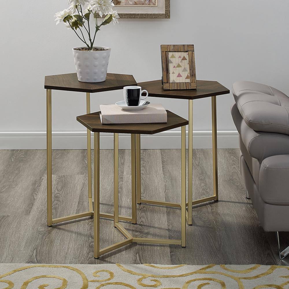 Dark Walnut/Gold Hex Wood and Metal Nesting Tables (Set of 3) J904