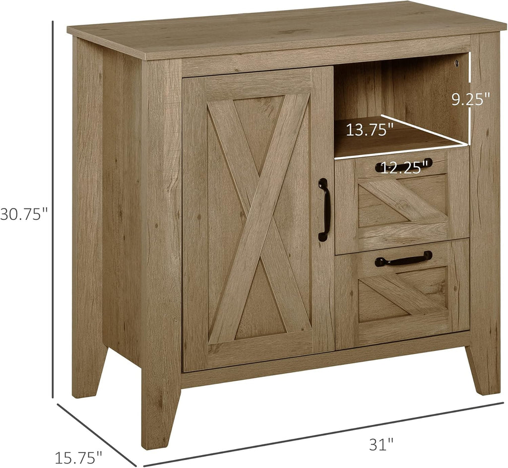 Farmhouse Sideboard Serving Buffet with Cabinet, Open Shelf, 2 Drawers, Oak Finish G67763