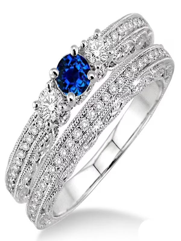 2 Carat Sapphire and Diamond Antique Bridal Set on 10k White Gold E2088