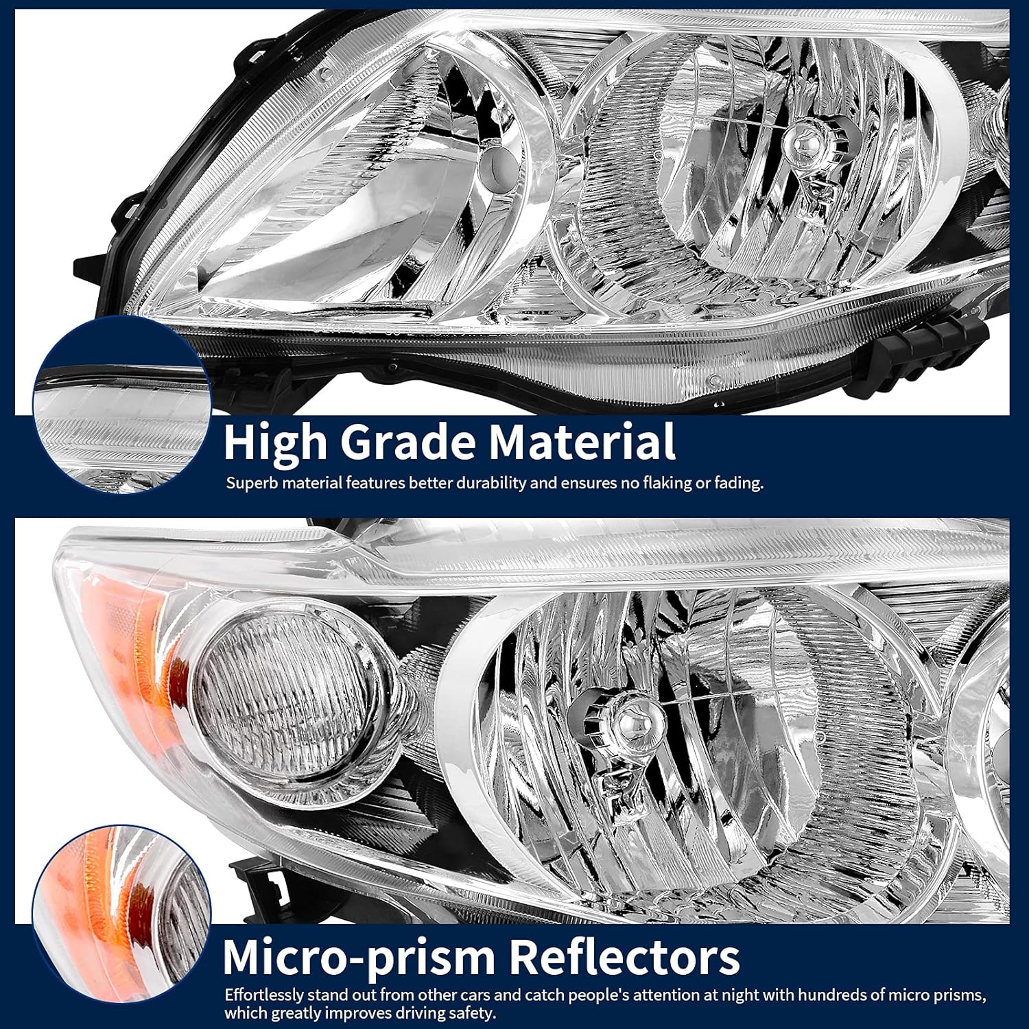 Chrome Housing Amber Reflector Headlight Assembly H909