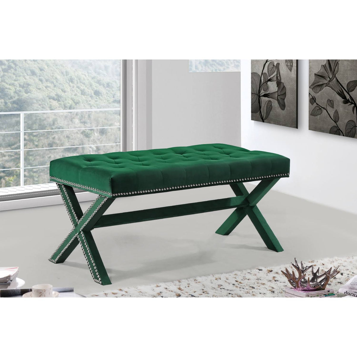Green Velvet Bench A3981