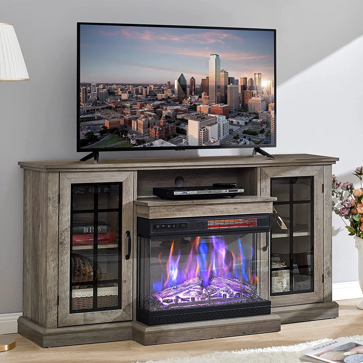 Fireplace TV Stand with Electric Fireplace, Wash Gray F464