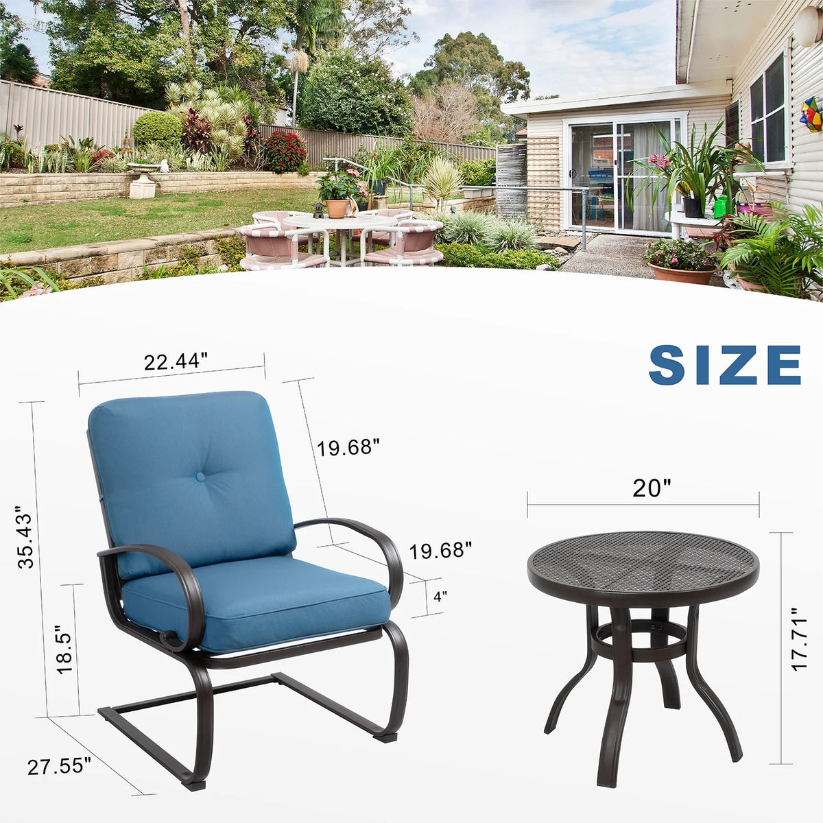 Blue 3-Piece Bistro Set with Cushions & Metal Frame T54165