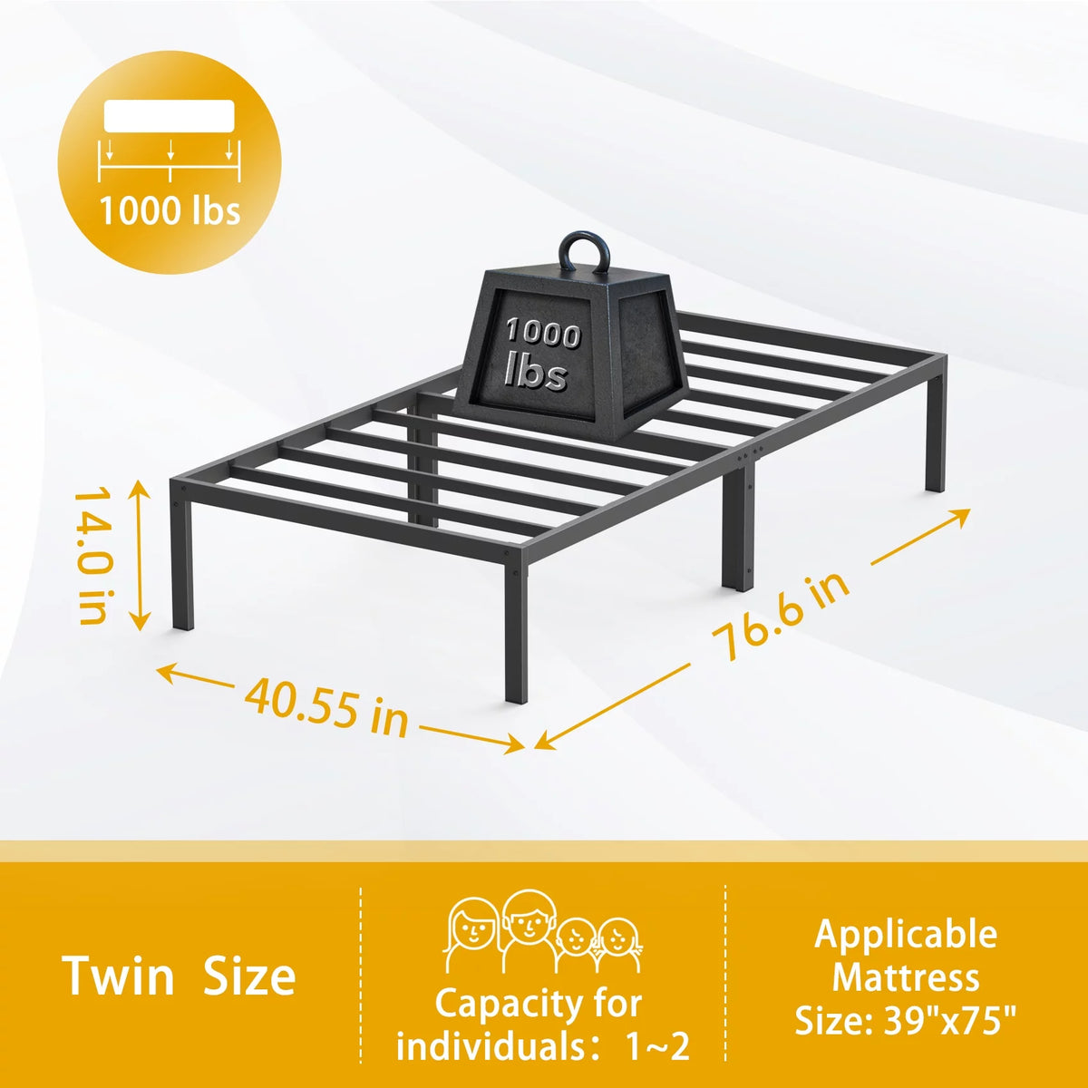 Black Twin Size Metal Platform Bed Frame with 14 inch Under Bed Storage X3986