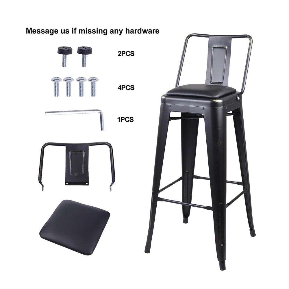 Black Metal Bar Stools with Vegan Leather Seat, Set of 6 D57238