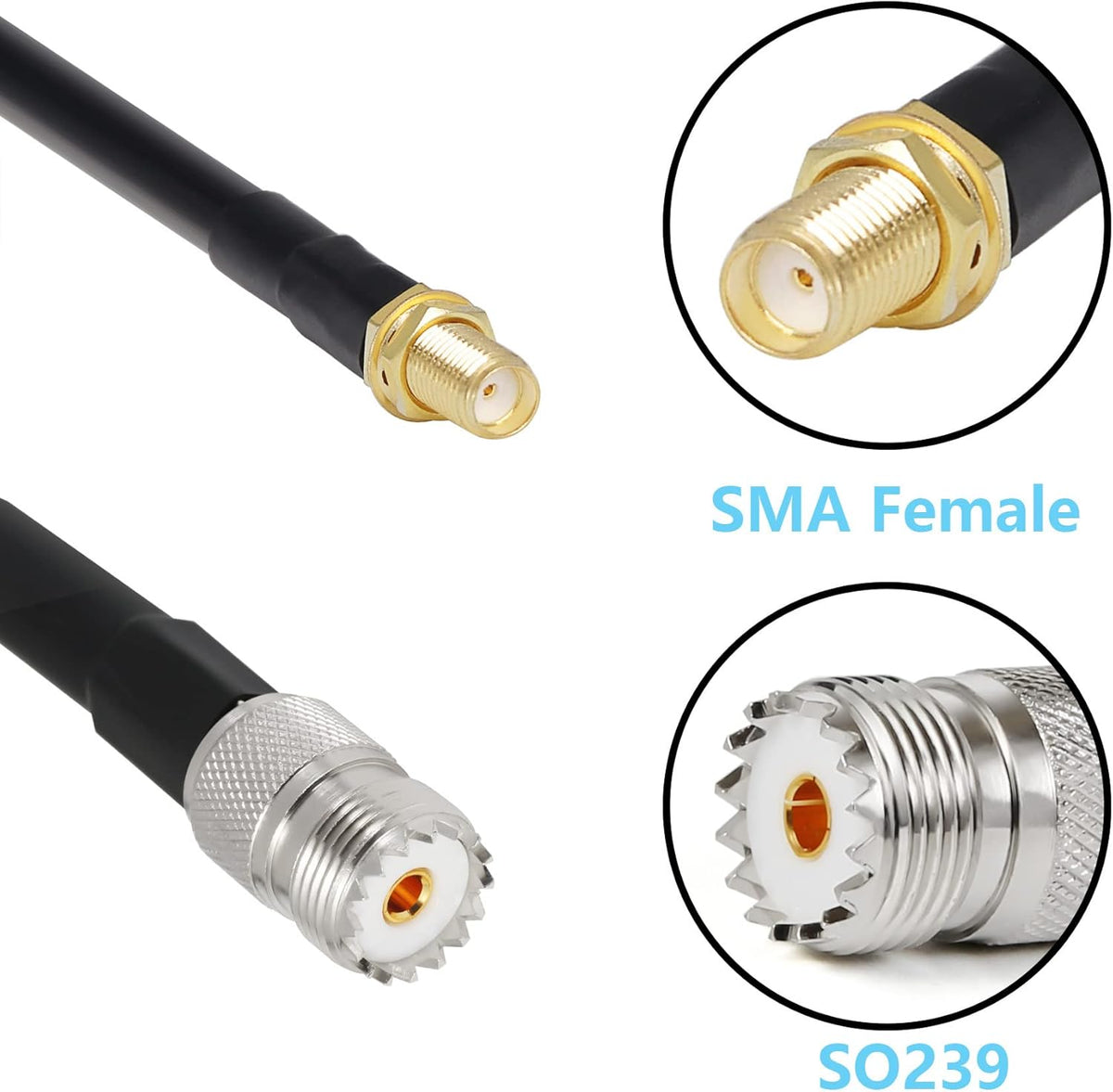36 ft SMA Female to SO239 Extension Cable, Pure Copper Low-Loss Coaxial Cable, 50 Ohm R520083