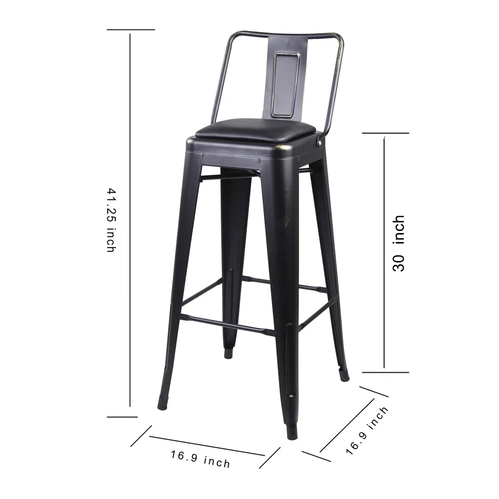 Black Metal Bar Stools with Vegan Leather Seat, Set of 6 D57238