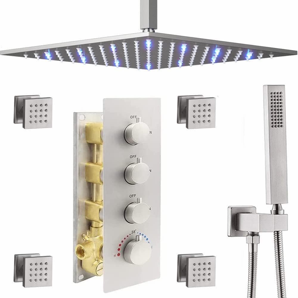 Ceiling Mount Thermostatic Shower System with Body Jets, 12 Rainfall Shower Fauce Set with Mixer Valve And Handheld Brass Shower Combo Kit Y90674
