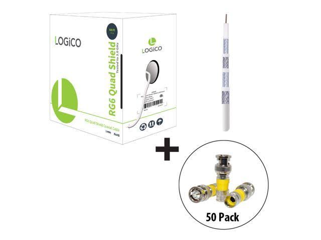 RG6 Quad Shield Coaxial Cable 500ft White with 50 Piece F-Type Compression Connectors W82842