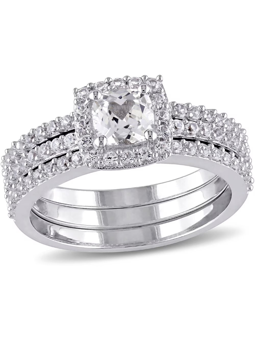 1.50 Carat (Ctw) Lab-Created White Sapphire Halo Engagement Ring and Band Set In Sterling Silver H639