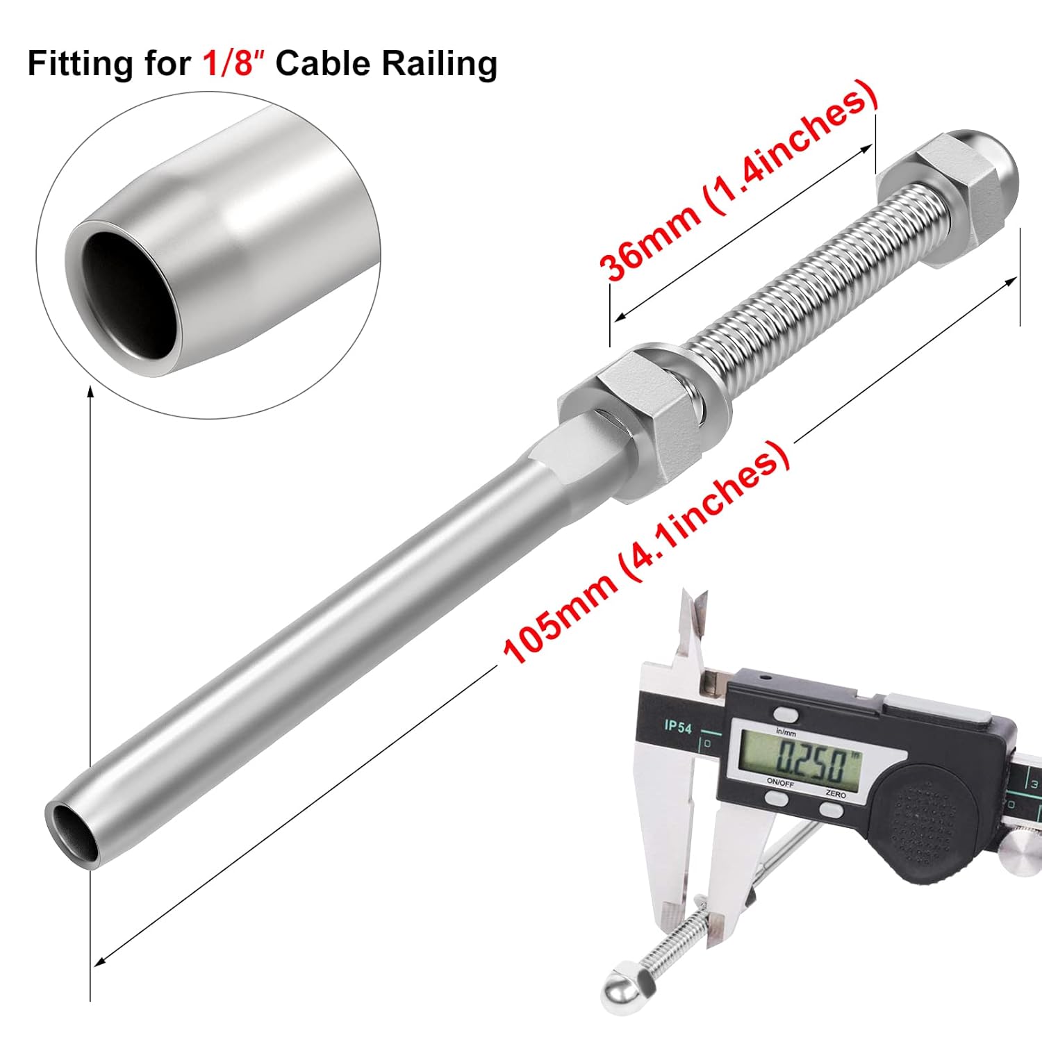 60 Pack T316 Stainless Steel Swage Threaded Stud Tension End Fitting for 1/8 Cable X9691