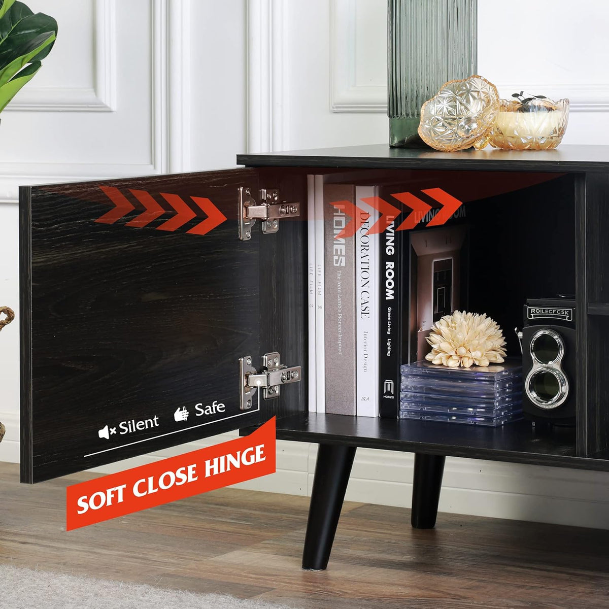 Gray Oak TV Stand with Storage Cabinet and Open Shelves Q4064