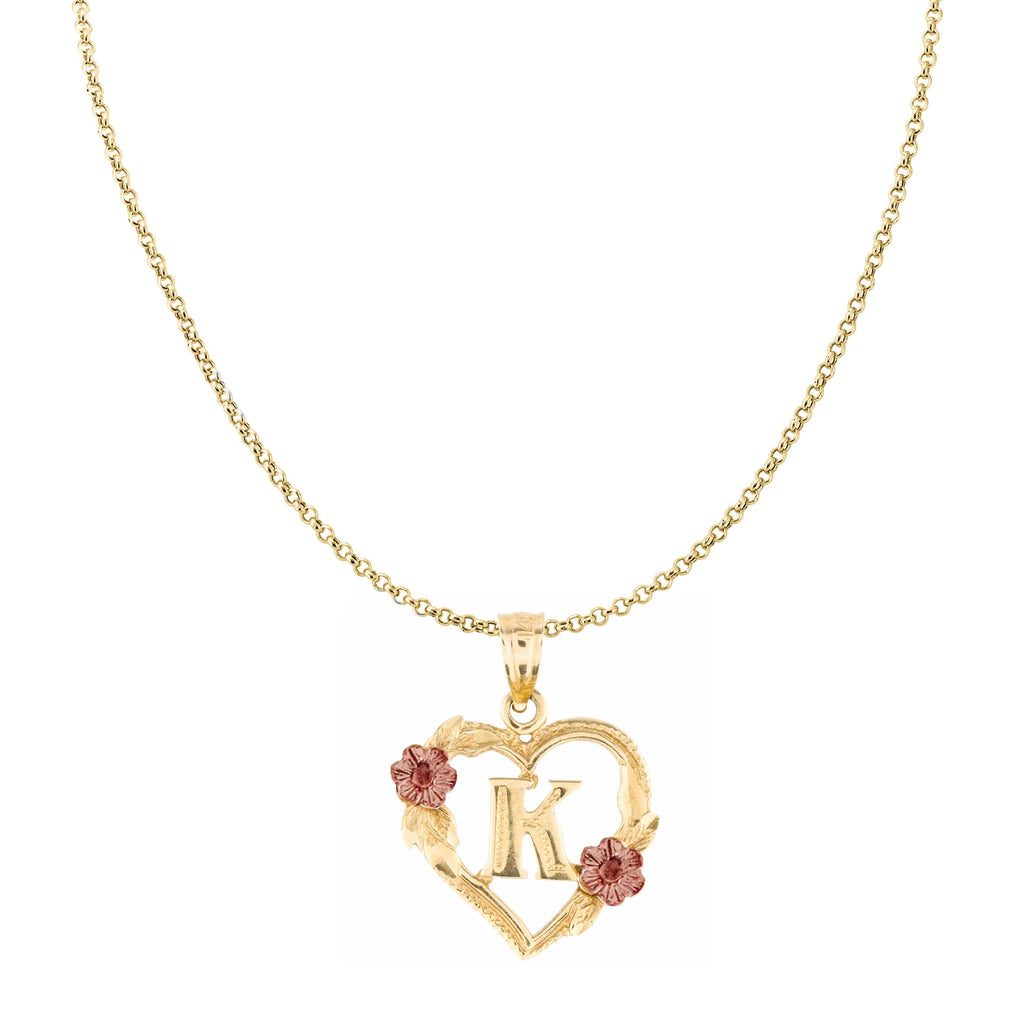 14K Two-Tone Gold Flower and Heart-Shaped Initial Pendant with 16" Chain Necklace H19260