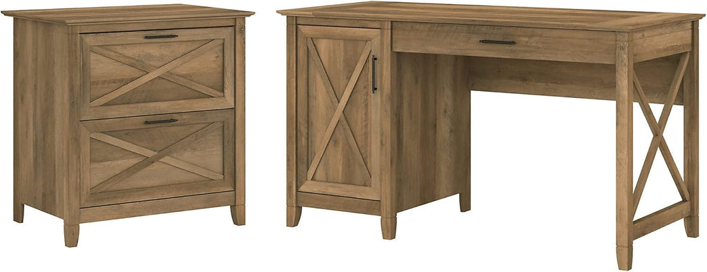 54W Linen White Oak Computer Desk with Storage and 2 Drawer Lateral File Cabinet S22738