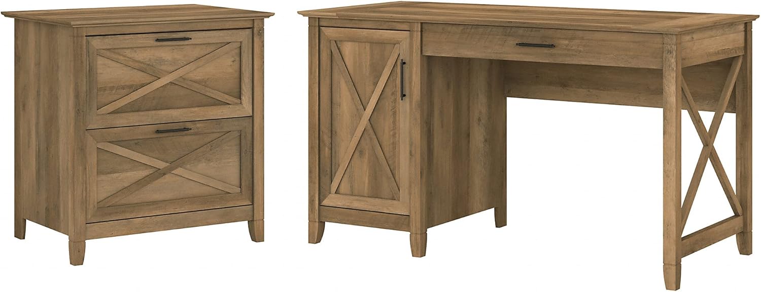 54W Linen White Oak Computer Desk with Storage and 2 Drawer Lateral File Cabinet S22738