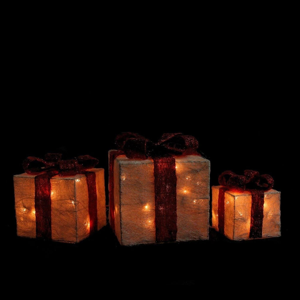 Set of 3 Lighted White Sisal Gift Boxes Christmas Yard Decorations V7326