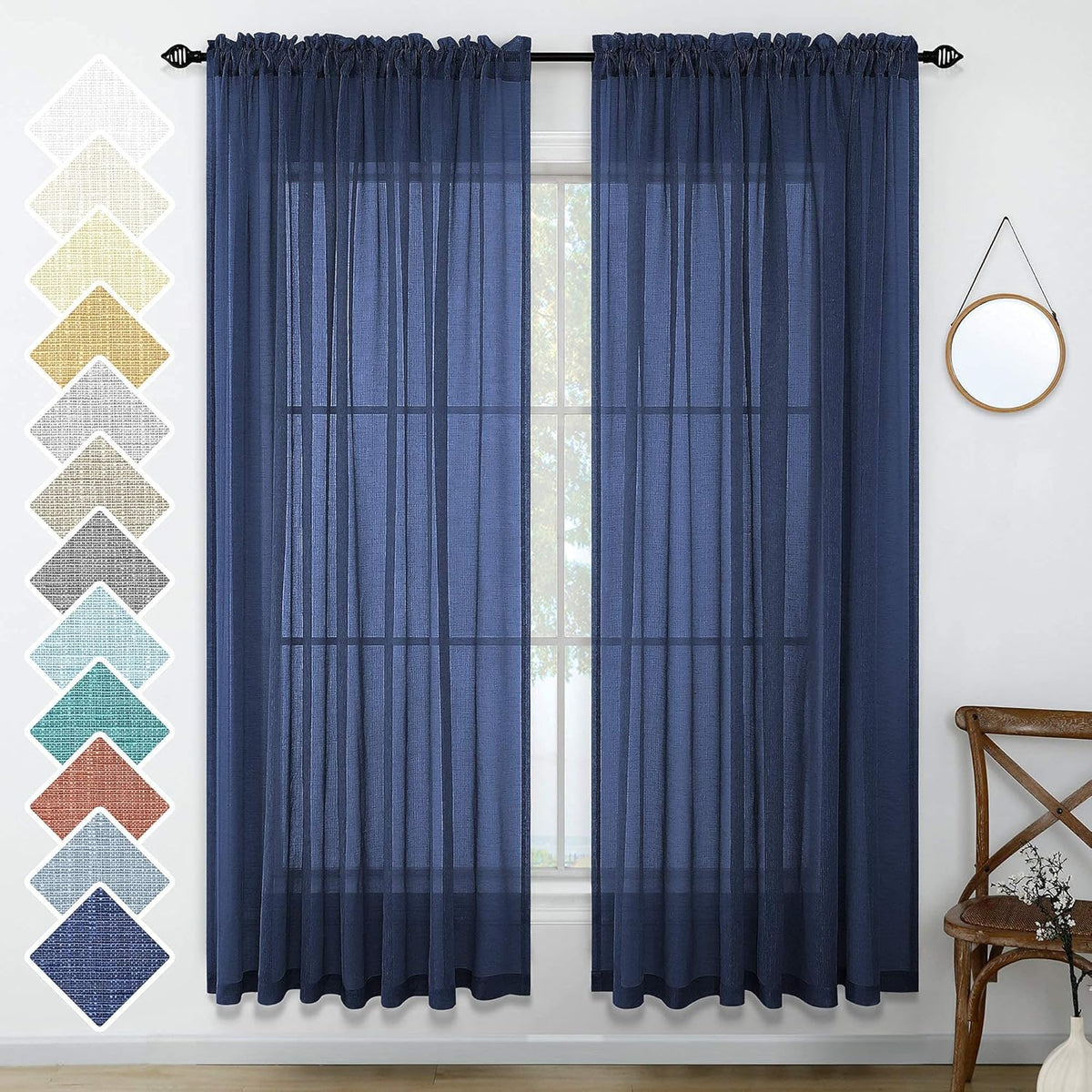 Navy Blue Semi Sheer Faux Linen Rod Pocket Curtains 84 Inch Set of 2 Panels J573360
