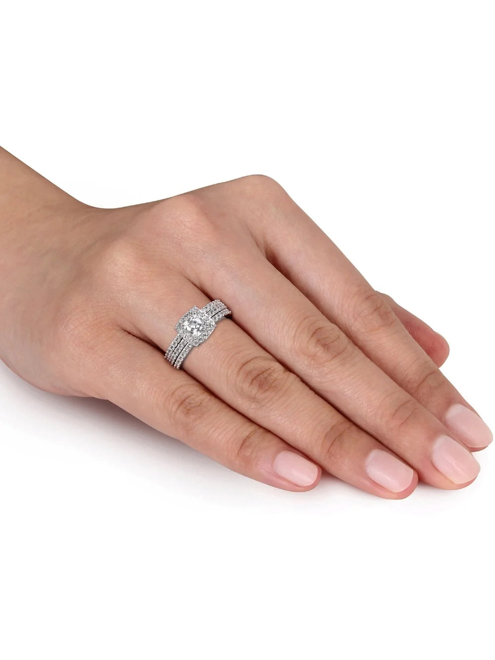 1.50 Carat (Ctw) Lab-Created White Sapphire Halo Engagement Ring and Band Set In Sterling Silver H639