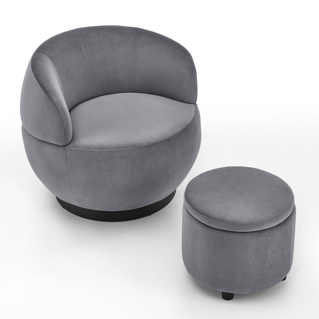 Grey Velvet Barrel Chair with Storage Ottoman U914