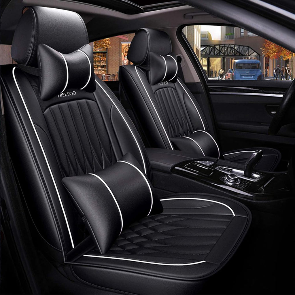 Khaki Black Leather Car Seat Cover Full Set Universal for 5 Seats X697299