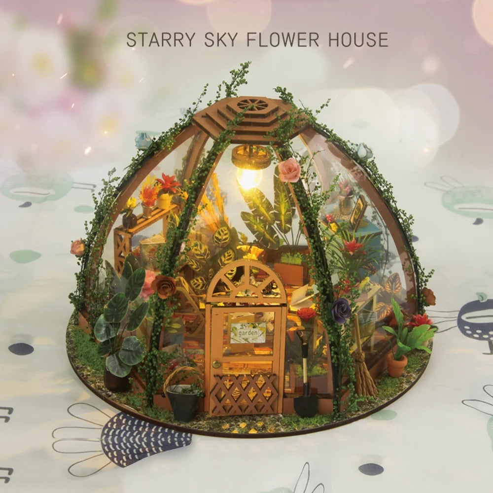 DIY Miniature Dollhouse Kit Wooden Flower Green House with LED Light U96628