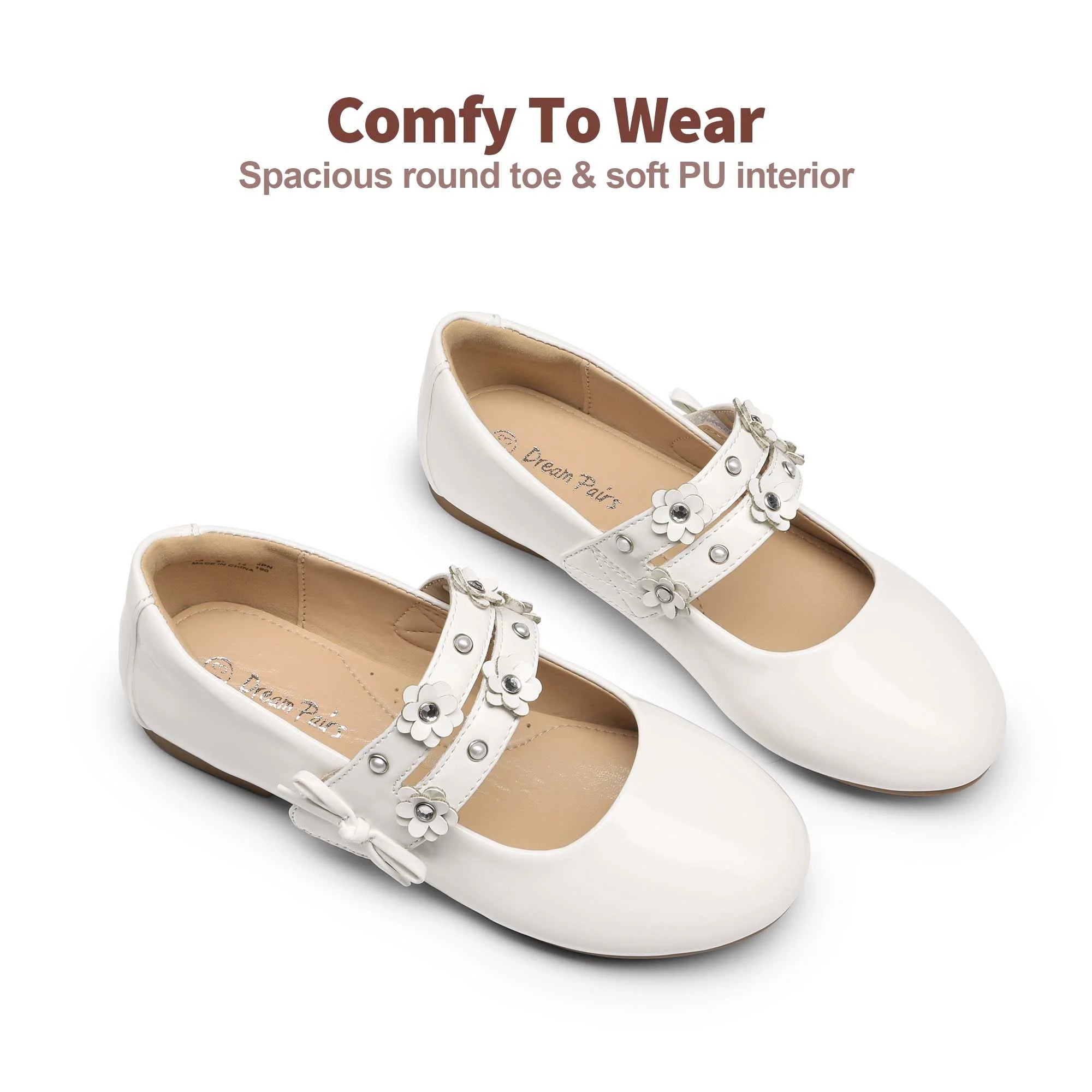 Flower Girl Ballet Flats Pearls Bow Mary Jane Dress Shoes C28708