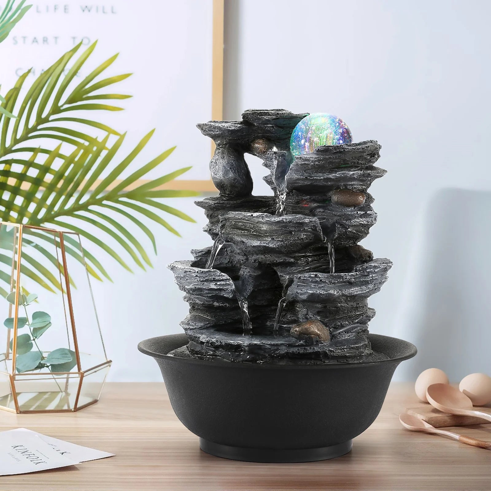 Indoor Resin Rockery Waterfall Tabletop Water Fountain with LED Light V1273