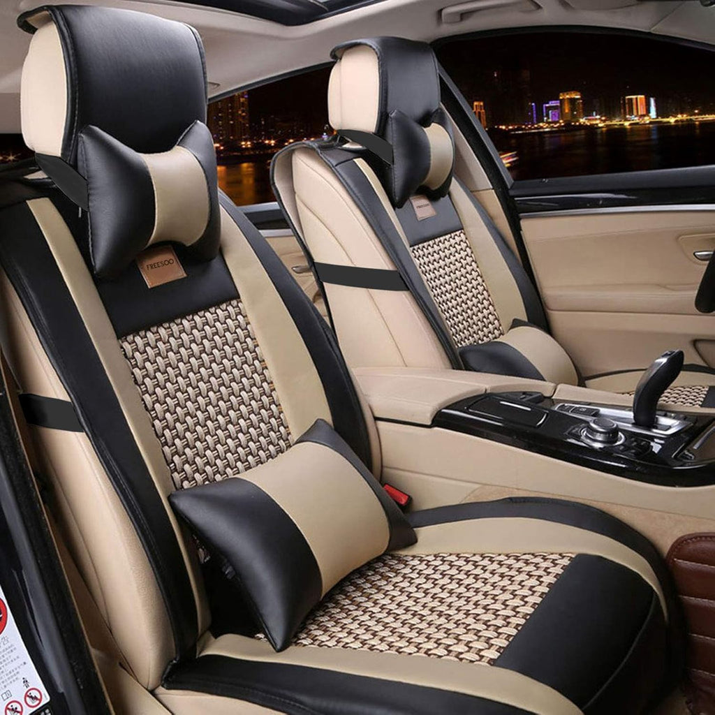 Khaki Black Leather Car Seat Cover Full Set Universal for 5 Seats X697299