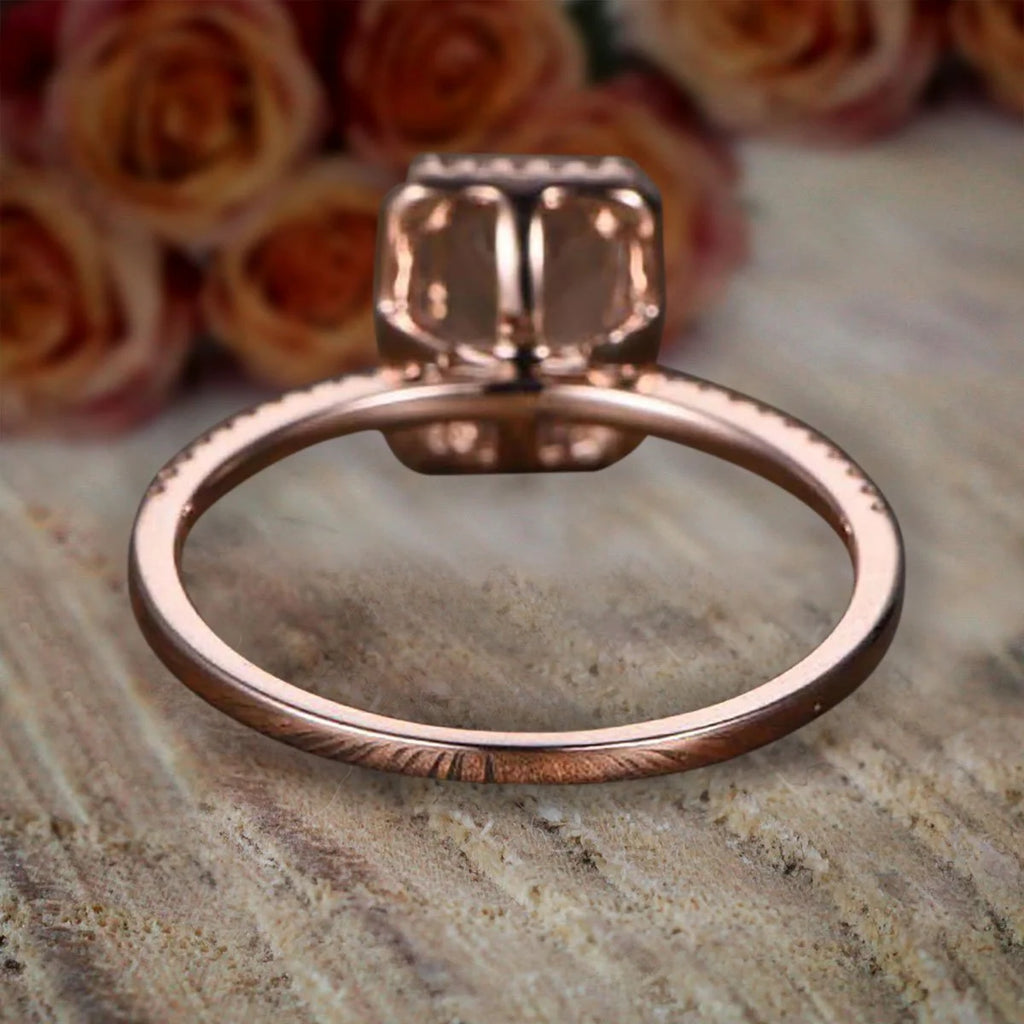 1.75 Carat Peach Pink Morganite Diamond Moissanite Halo Engagement Ring with 18k Gold Plating B230