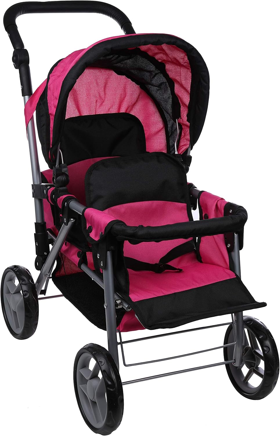Hot Pink & Black Foldable Twin Doll Stroller with Basket L80521