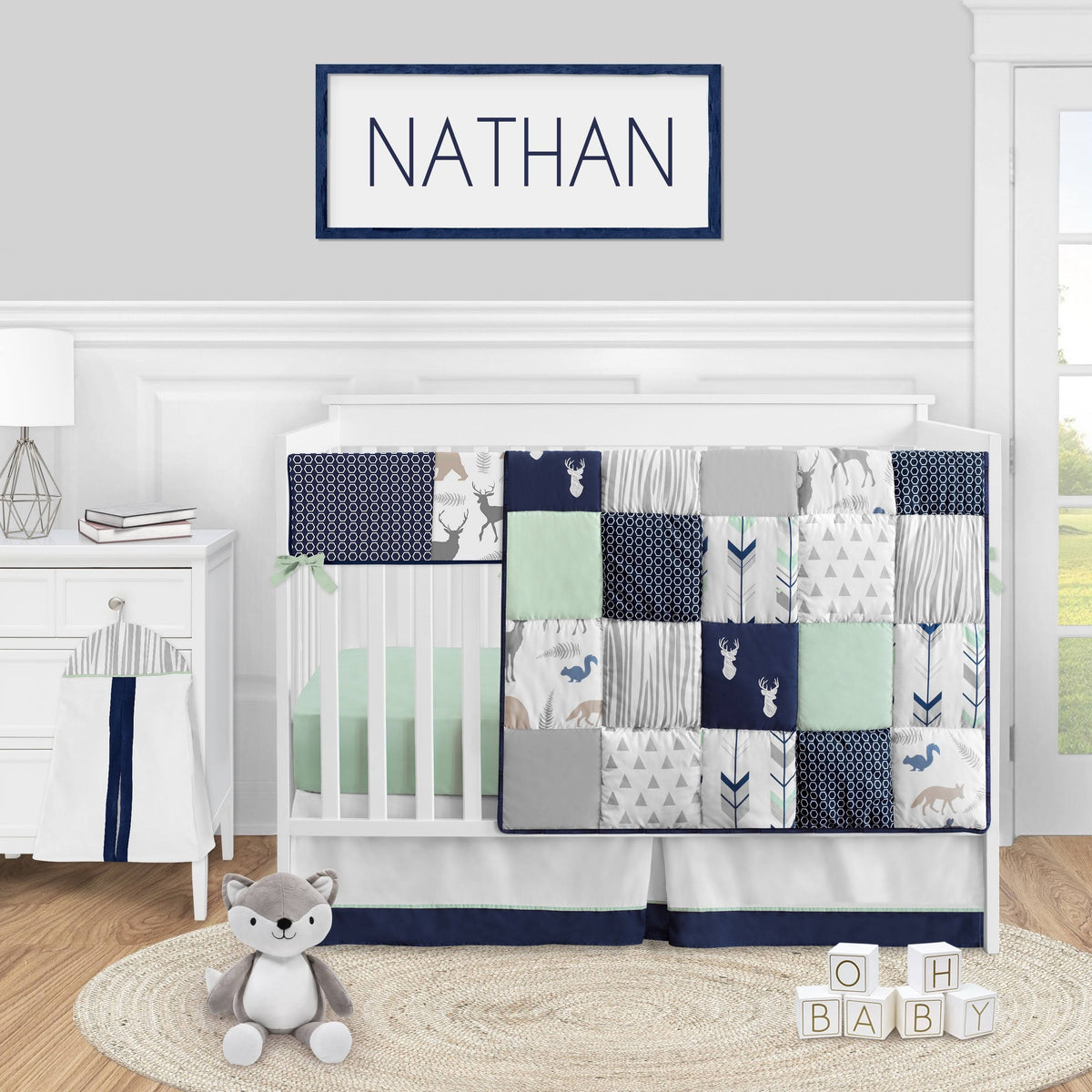 Navy Blue Mint and Grey 5 Pieces Crib Bedding Set I30225