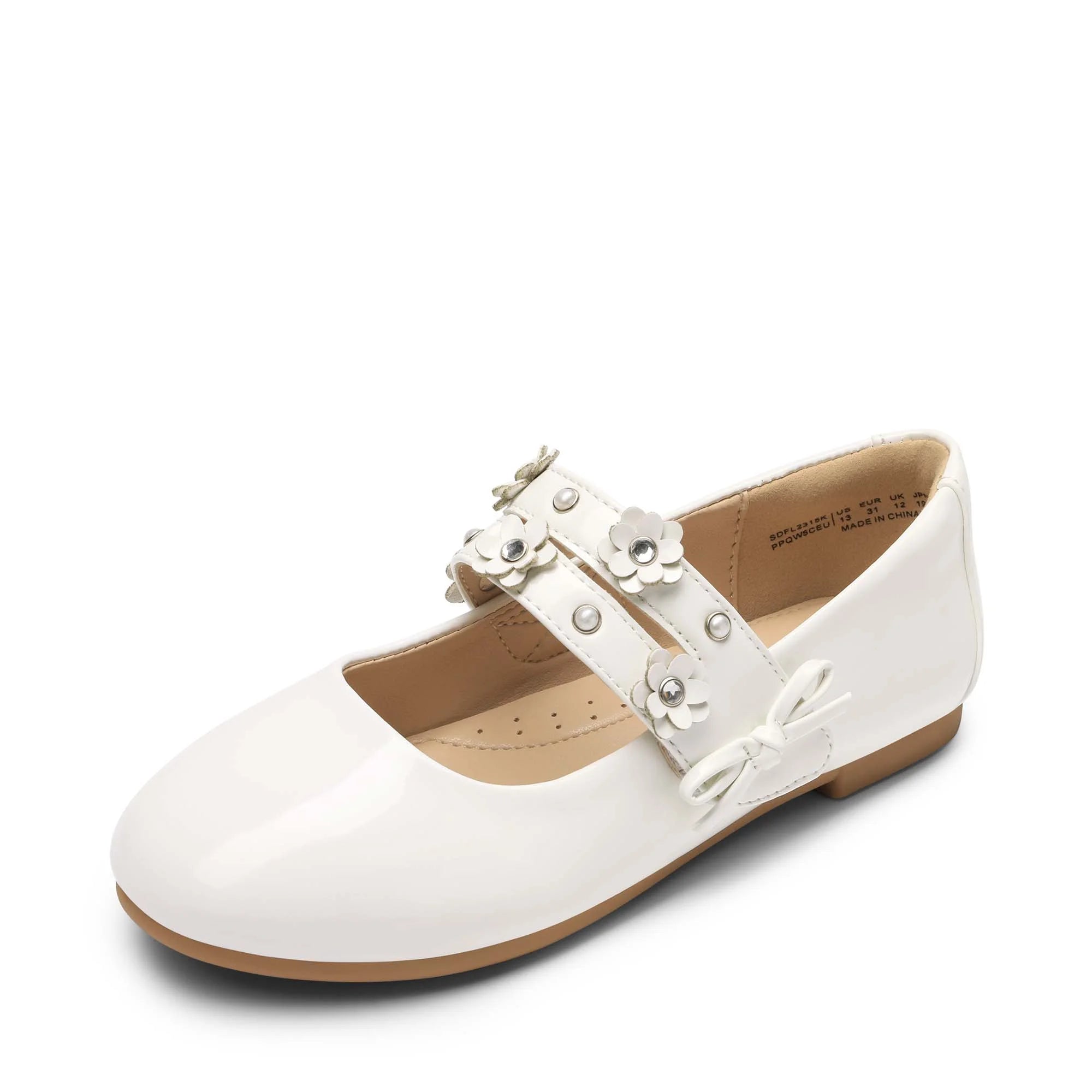 Flower Girl Ballet Flats Pearls Bow Mary Jane Dress Shoes C28708