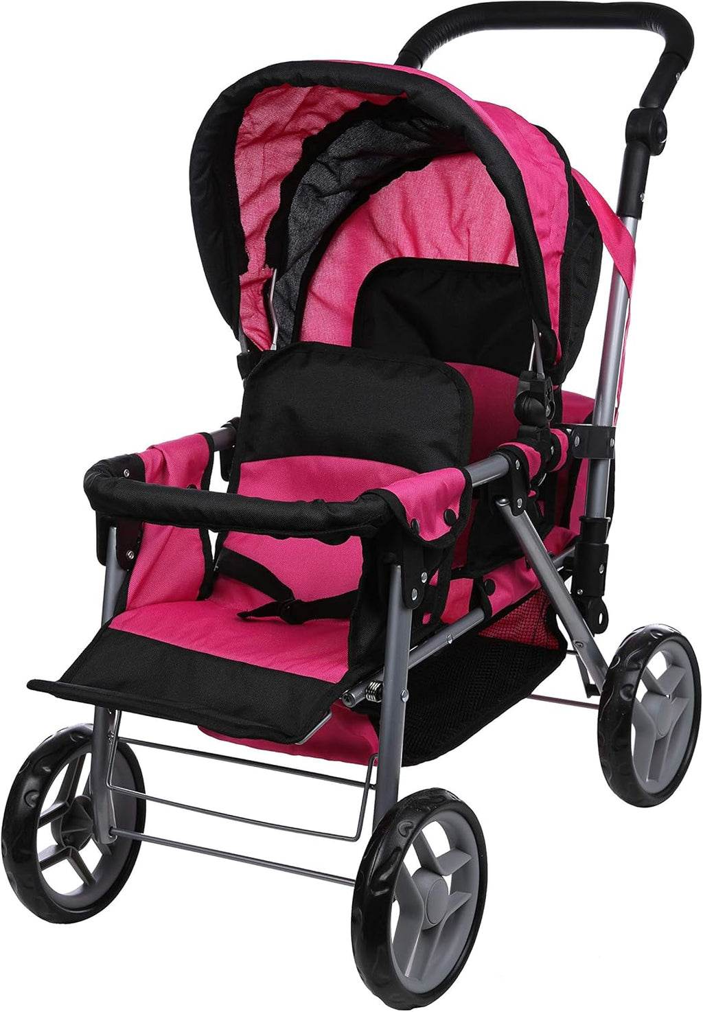 Hot Pink & Black Foldable Twin Doll Stroller with Basket L80521