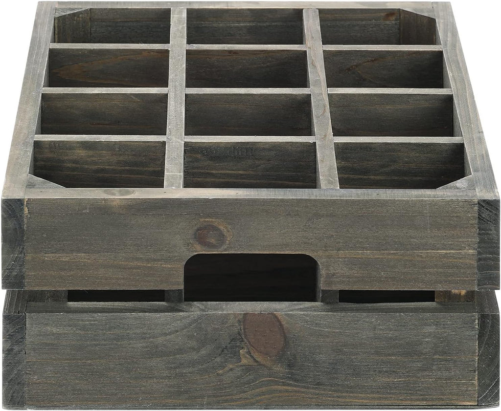 Wooden Crate Drink Carrier, Gray Wood 12 Bottle Holder Storage Crate with Handles, Pack of 2 N1136