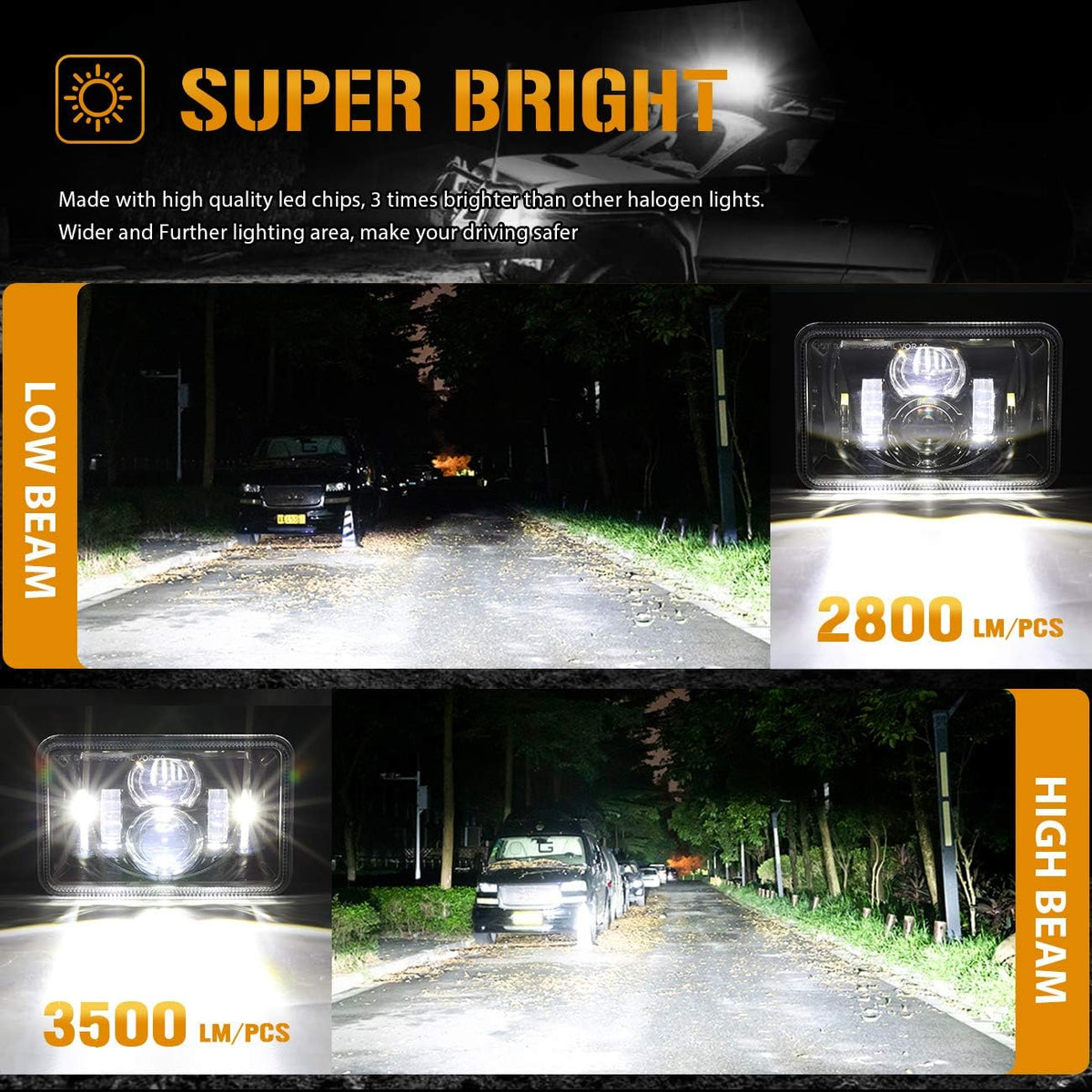 4x6 LED Headlights, 4PCS 60W DOT Approved Rectangular Black I840