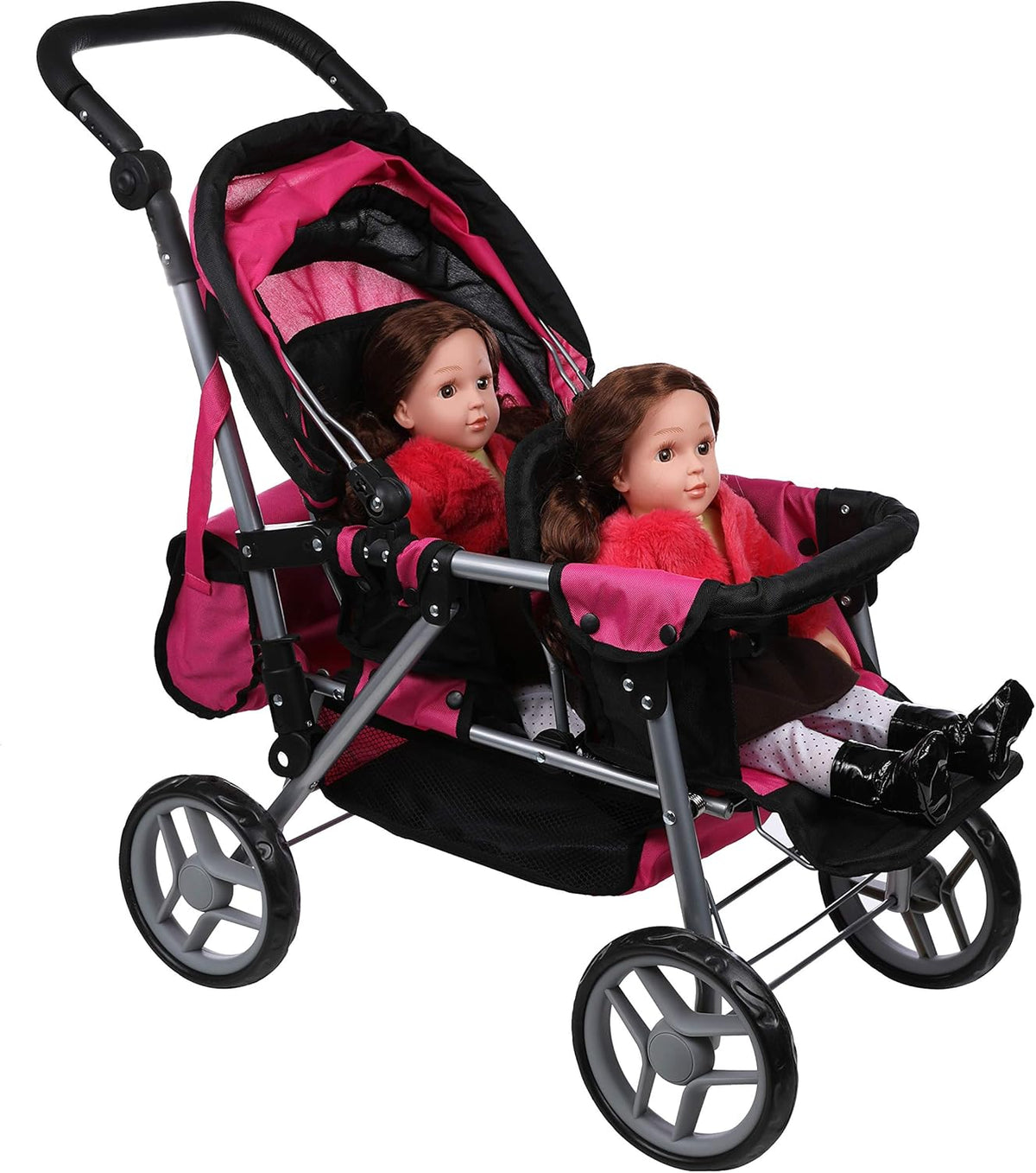 Hot Pink & Black Foldable Twin Doll Stroller with Basket L80521