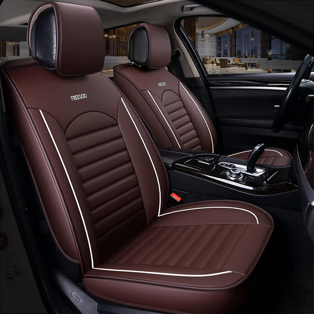 Khaki Black Leather Car Seat Cover Full Set Universal for 5 Seats X697299